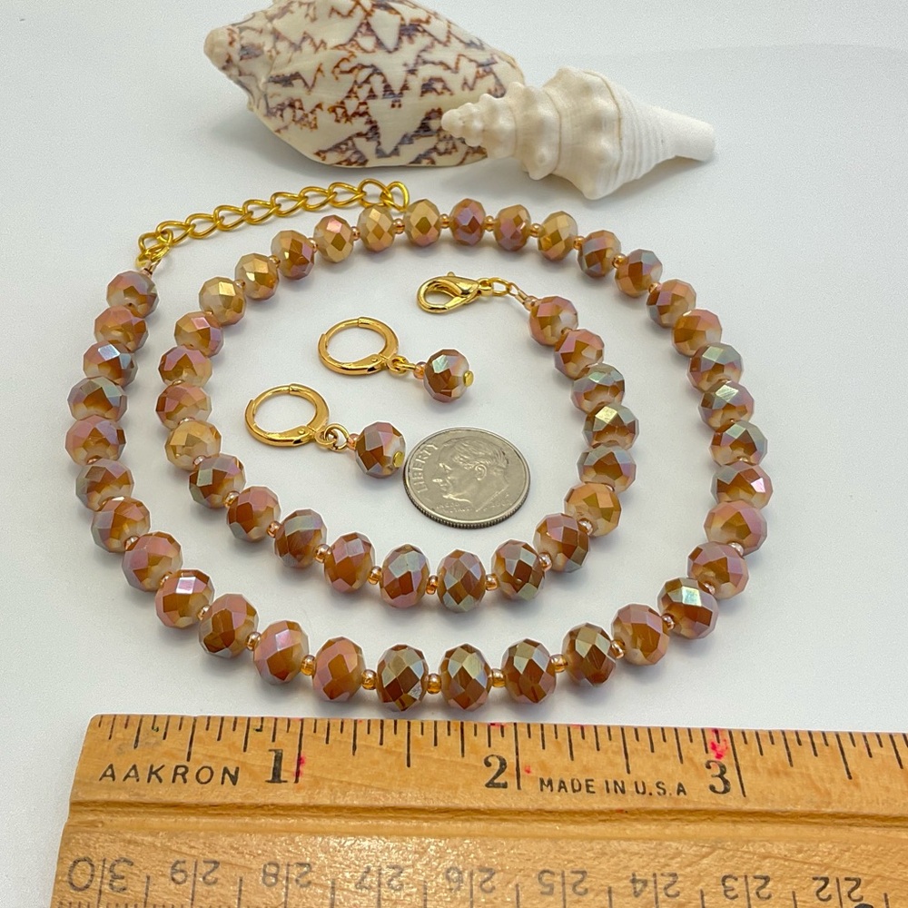 Mocha Mousse Golden Aura Beaded Necklace and Earring Set, Aura Effect, Handmade - Picture 6 of 9